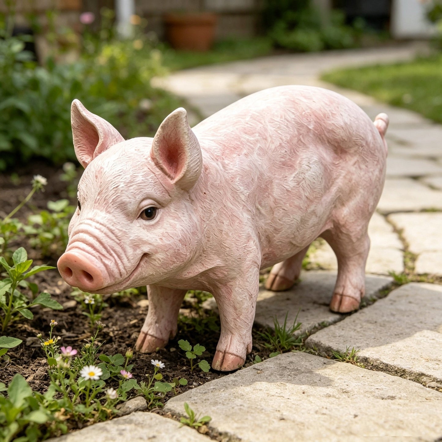 Cheerful Beige Pig Garden Statue