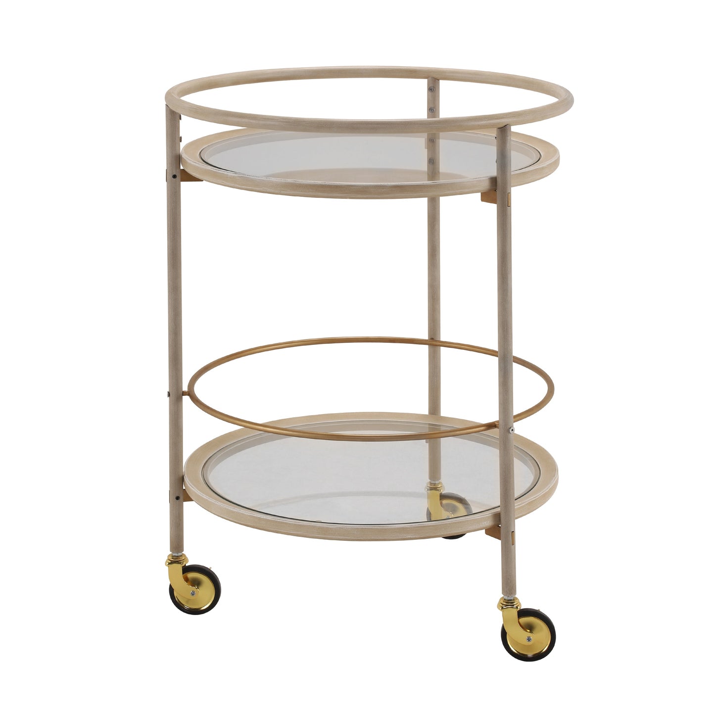 Round Bar Cart with Tempered Glass Shelves and Gold Accents