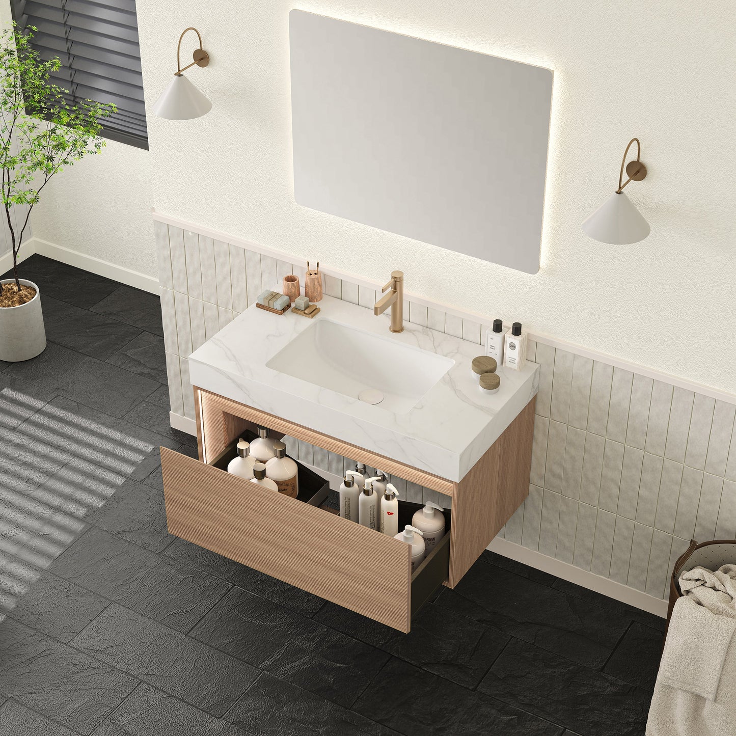 Nyah 36'' Bathroom Vanity & Sink, Floating Ultra-Slim Grille Plywood Cabinet, Drawer with Sensor Light, Carrara