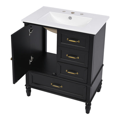 30" Bathroom Vanity With Sink, 3 Drawers, Adjustable Feet