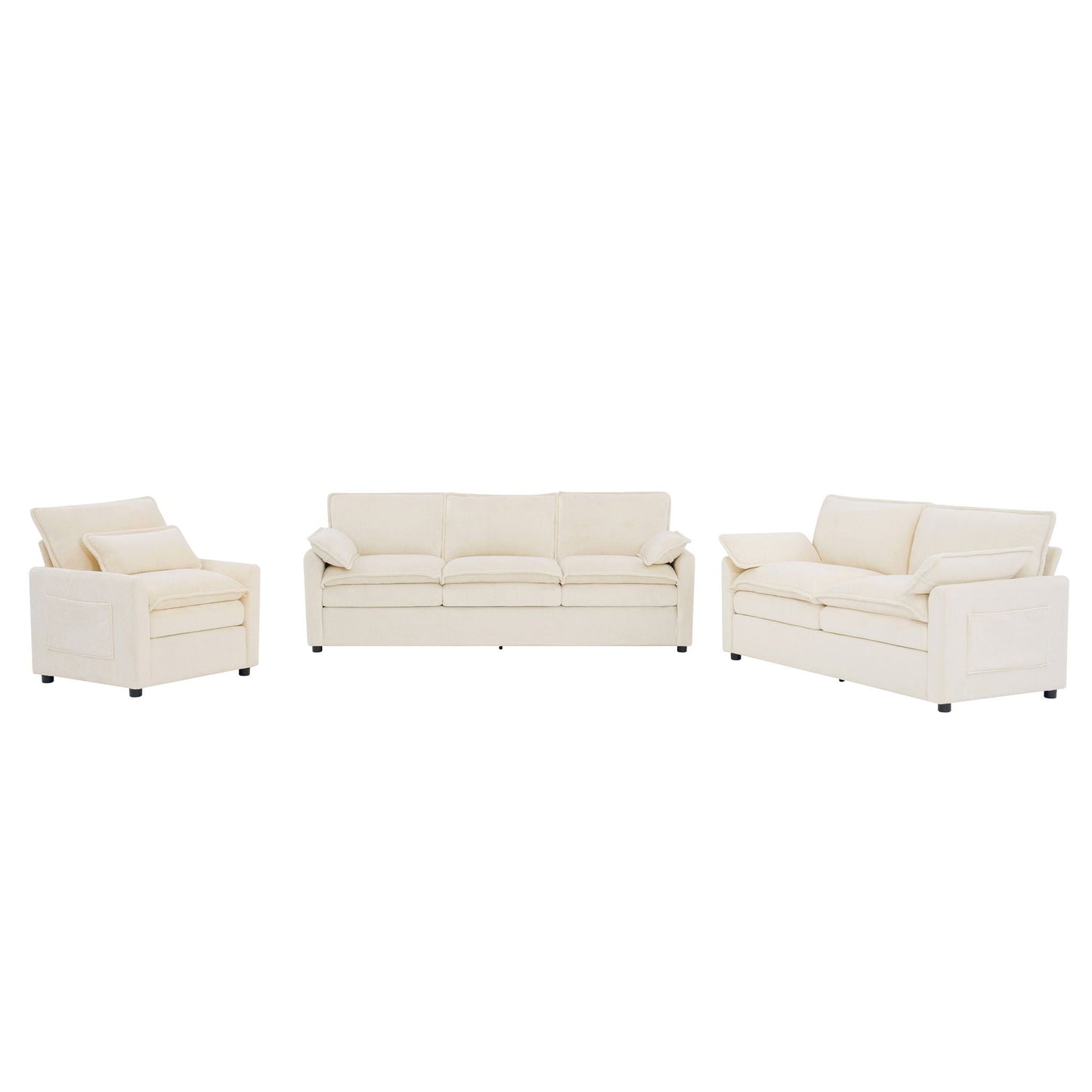 Modern Sofa Set With Double Layer Cushion And Side Storage Pockets