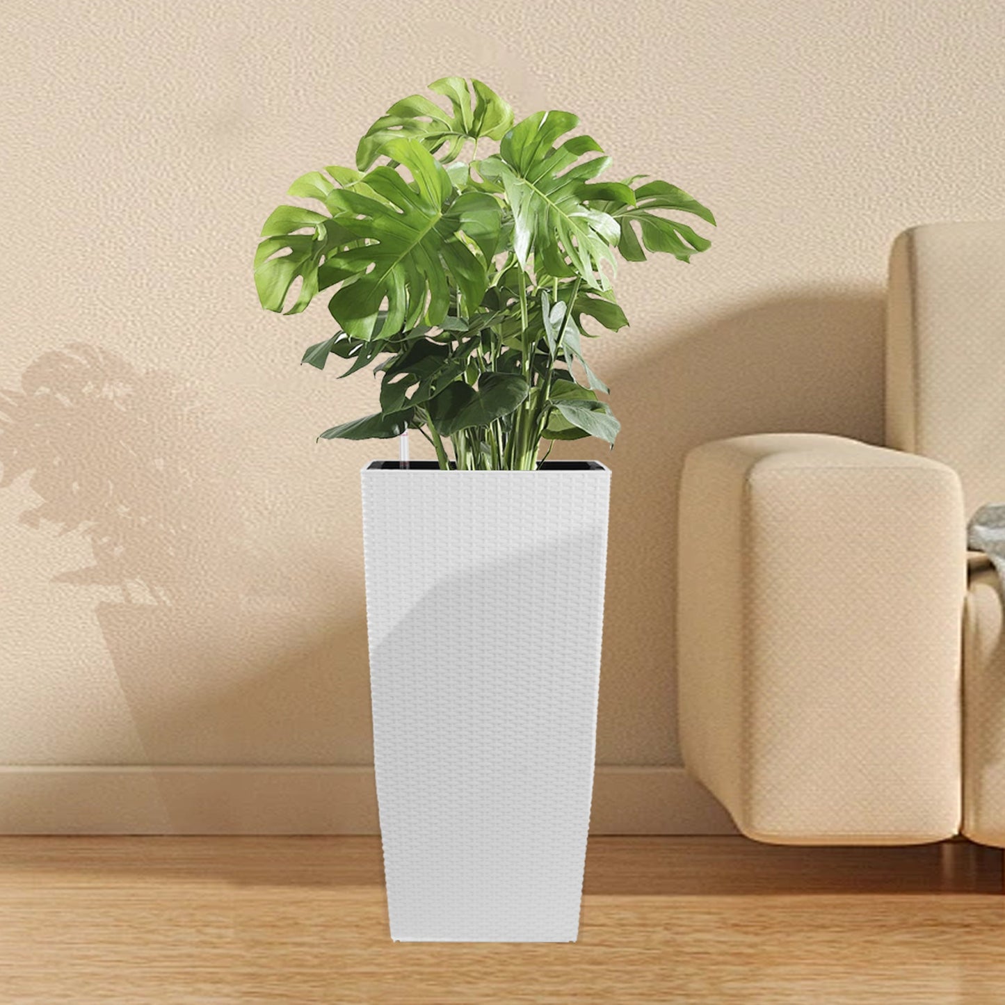 Indoor/Outdoor Modern Faux Rattan Design Square Planter, 22.6 inch White Plastic Large Planter with Automatic Watering System for Home and Garden (White, 22.6 inch - 2 Pack)