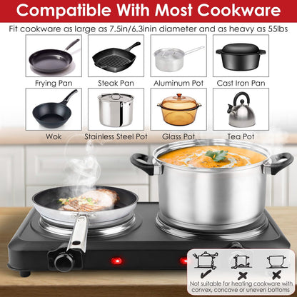 2000W Electric Infrared Dual Burner Portable Heating Hot Plate Stove Countertop RV Hotplate with 7.5Ó & 6.3Ó Glass Cooktop Stepless Temperature Adjust
