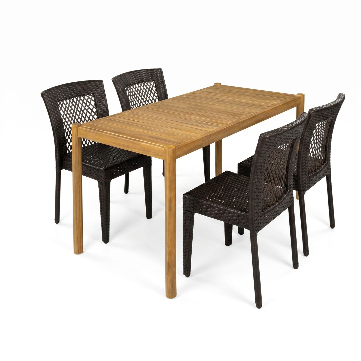 5-Piece Outdoor Dining Set, Acacia Wood Rectangular Patio Table & 4 PE Rattan Iron Frame Dining Chairs