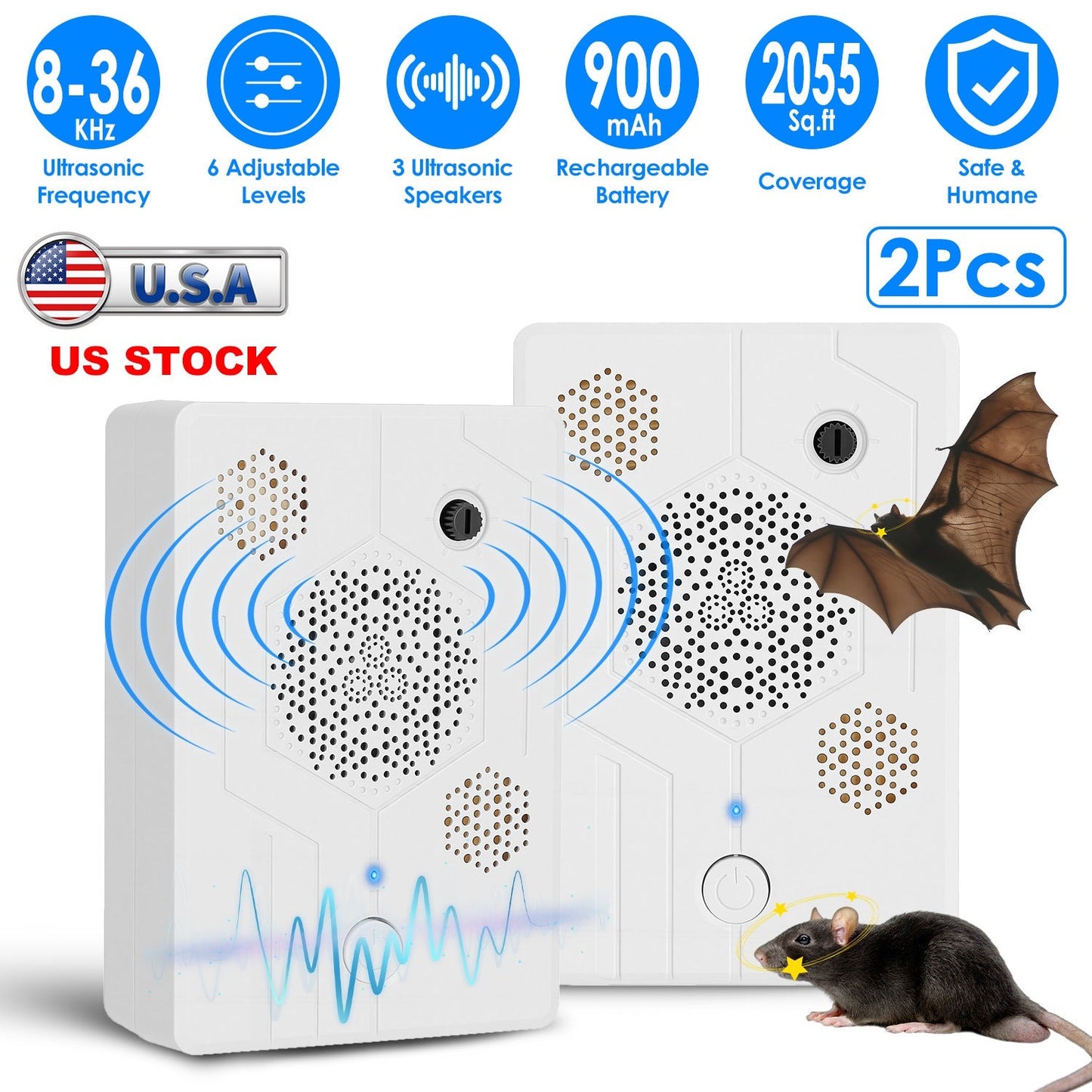 2Pack 2026 Upgraded Rechargeable Ultrasonic Bat Repellent Indoor Outdoor Bird Mouse Dog Deterrent Device with 3 Ultrasonic Speakers for Attic Porch Ho