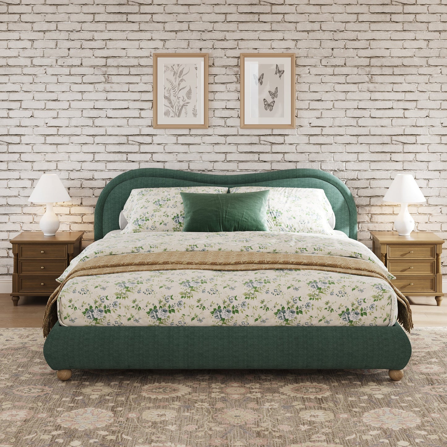 King Size Upholstered Platform Bed Frame with Rounded Corners