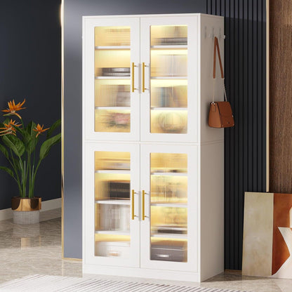 Bookcase With Doors And LED Lighting, 8 Adjustable Shelves Storage Cabinet