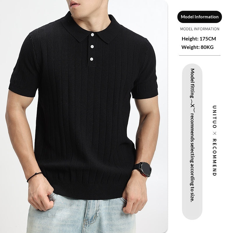 Mens Light-Luxury Rib-Knit Polo Shirt