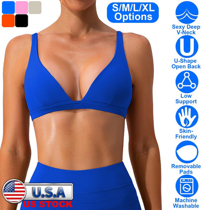 Women Deep V-Neck Sports Bras U-Shaped Back Sport Bras Padded StrappyÊCrop Open Back Low Impact Bras SexyÊFitnessÊTank Tops with Removable Pads for Gy