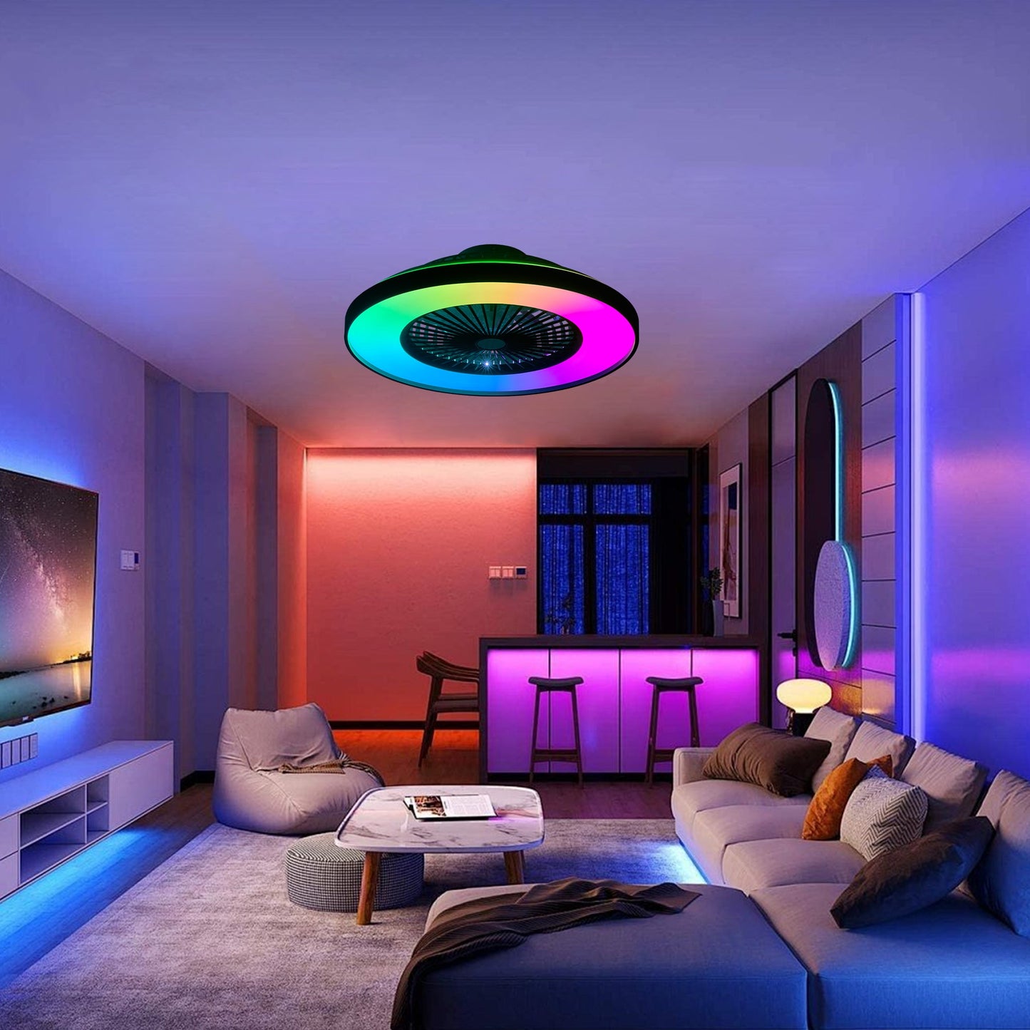 23-Inch Black and White Ceiling Fan Light with LED RGB