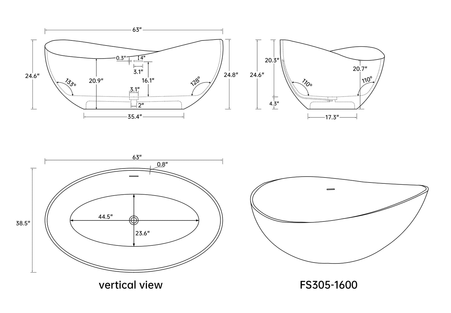 63" Premium Solid Surface Deep Soaking Bathtub