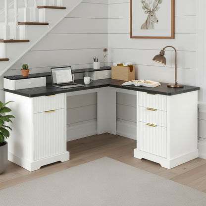 59" Modern Fluted L-Shaped Desk with Charging Station & Storage