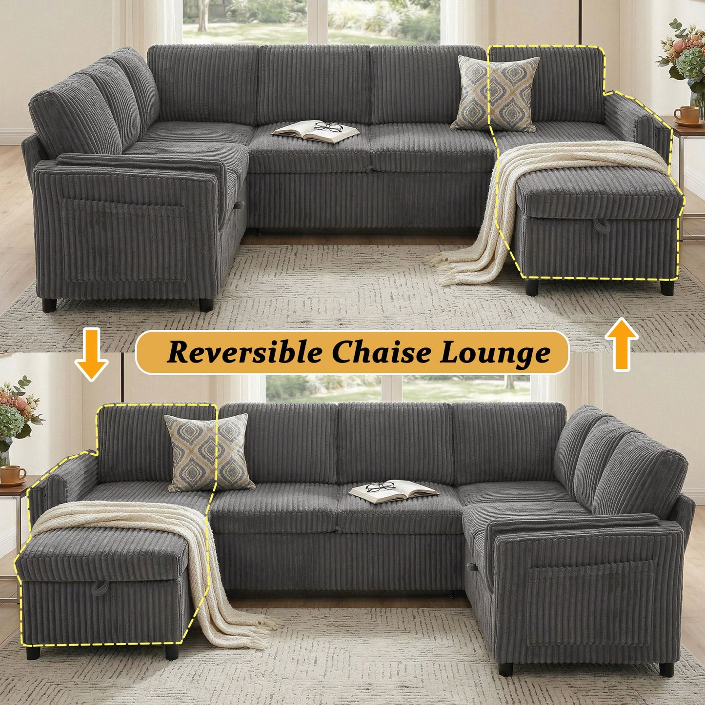 Convertible U-Shaped Sectional Sofa Bed With USB Ports And Storage