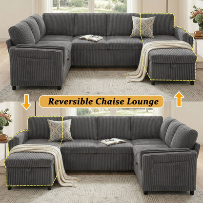Convertible U-Shaped Sectional Sofa Bed With USB Ports And Storage
