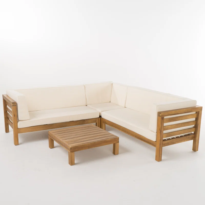 OANA Outdoor Wooden Sectional Set with Cushions, Beige