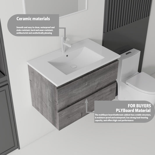 24 Inch Floating Bathroom Vanity with Sink, Soft-Close Drawer, Ceramic Sink, Plywood
