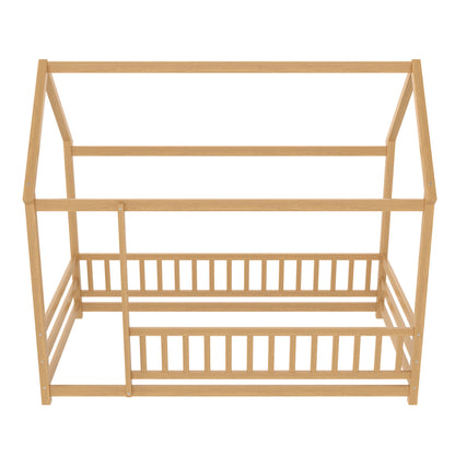 Twin Size Floor Wooden Bed with House Roof Frame, Fence Guardrails