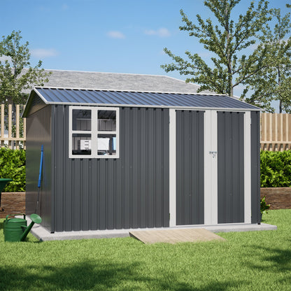 10X8FT Outdoor Steel Storage Shed with Clear Window, Lockable Doors