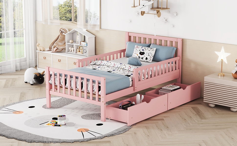 Platform Bed With Guardrails On Both Sides And 2 Storage Drawers