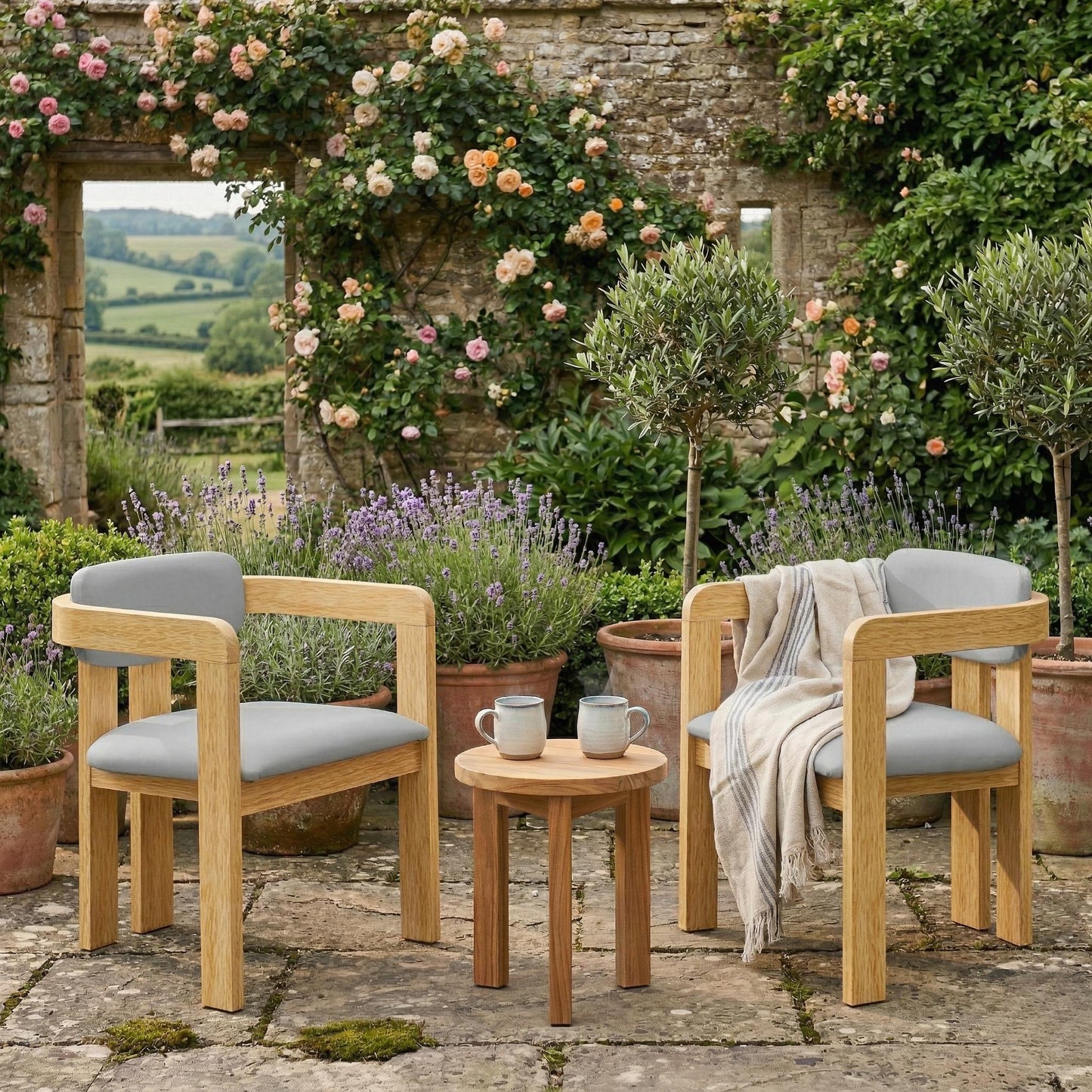 Set of 2 Outdoor Acacia Wood Dining Chairs with Cushions