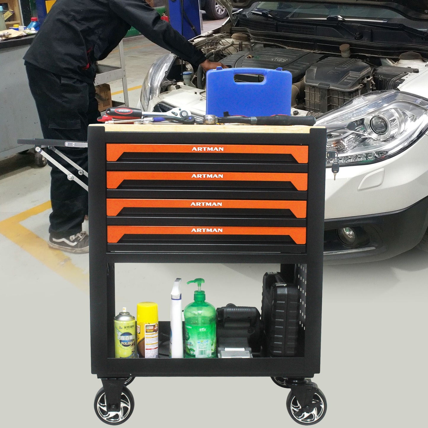 4 Drawers Multifunctional Tool Cart With Wheels And Wooden Top