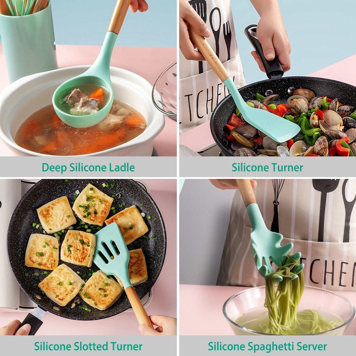 11PCS Silicone Utensil Set – Heat-Resistant with Wooden Handles & Holder