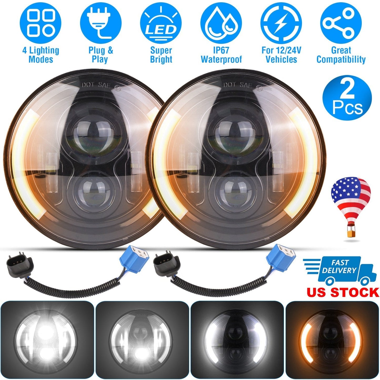 2Pcs 7In 40W Round LED Headlights 3800LM Halo Car Headlamp with DRL Turn Light High Low Beam Fit for Honda Yamaha Motorcycle Jeep Wrangler TJ JK CJ