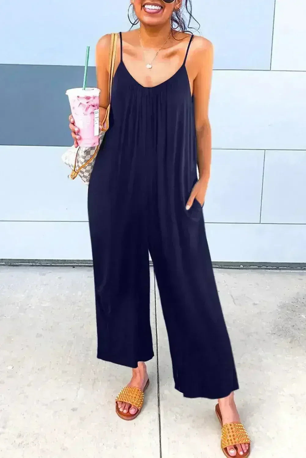 Casual Dark Blue Spaghetti Straps Pocketed Wide Leg Jumpsuits