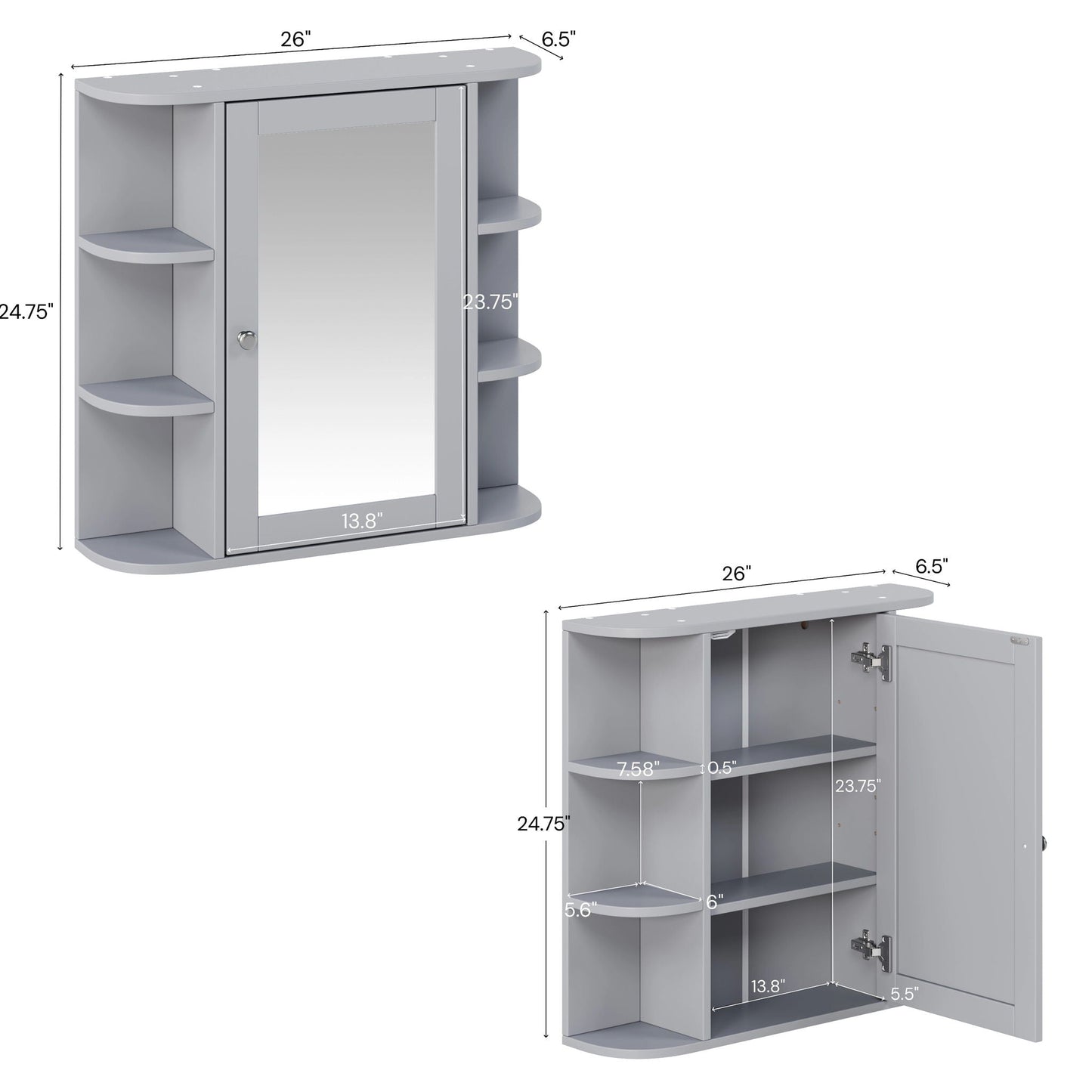 Bathroom Wall Storage Cabinet With Mirror And Adjustable Shelf, 6 Open Shelves