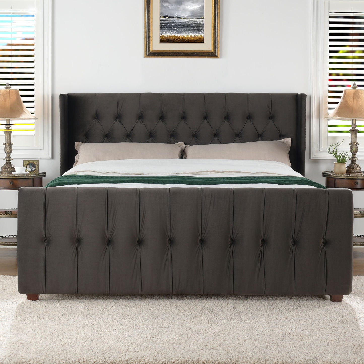 David - King Tufted Wingback Bed - Dark Charcoal Gray