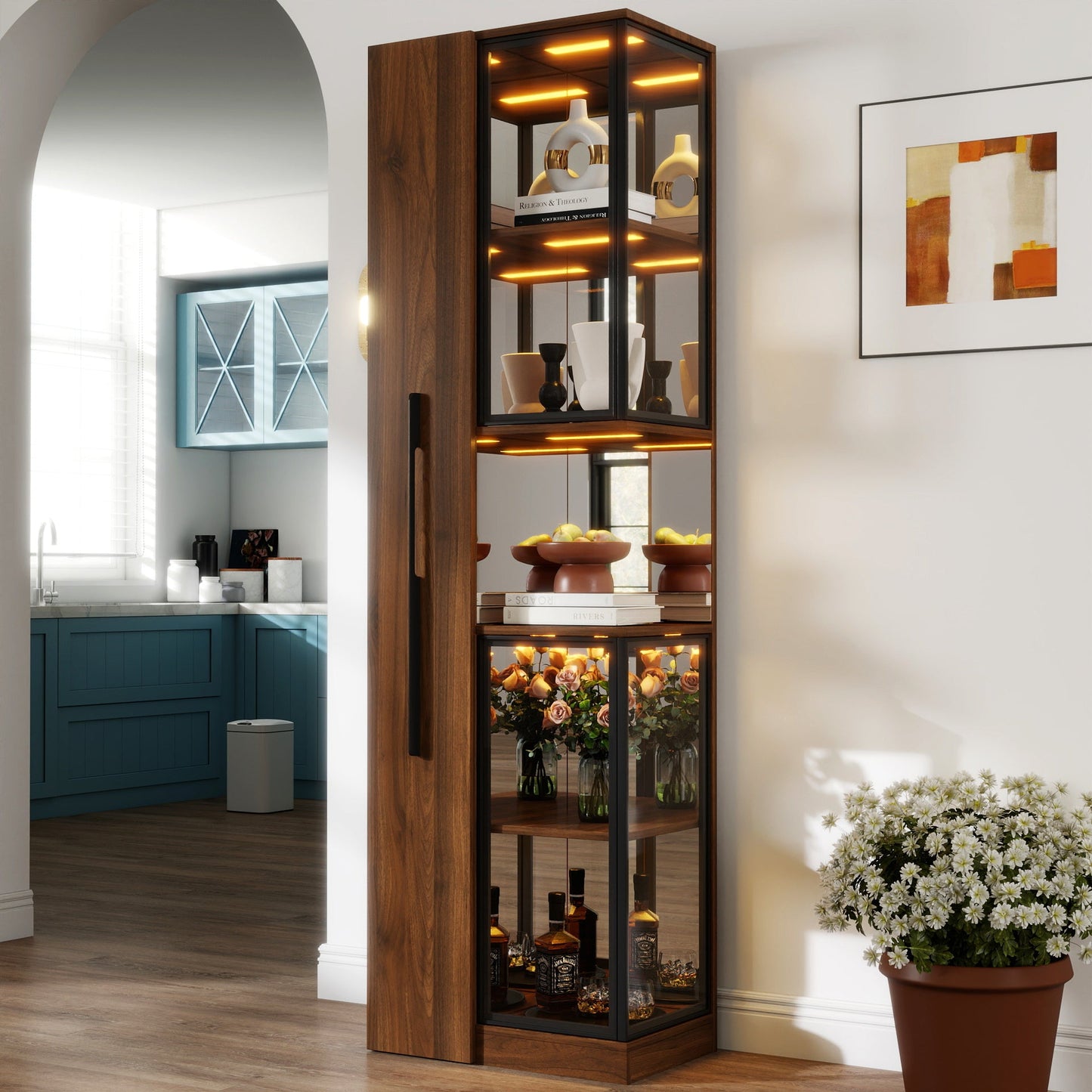 70" Display Cabinet with Glass Doors and Lights, Multi-Tier Storage
