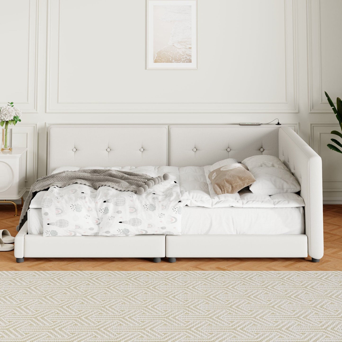 Modern Upholstered Platform Bed With USB Ports And LED Belt