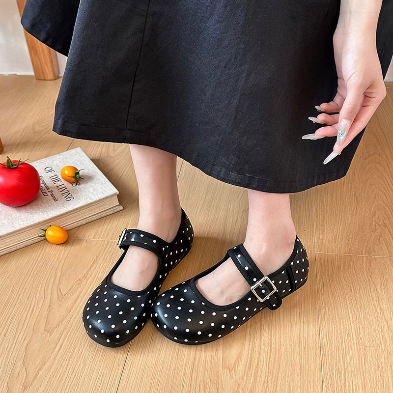 Black Round Toe Retro Polka Dot Shallow Mouth Flat Sole Single Shoe Women's Summer 2026 New Style Hundred Matching Skirt Mary Jane Shoes