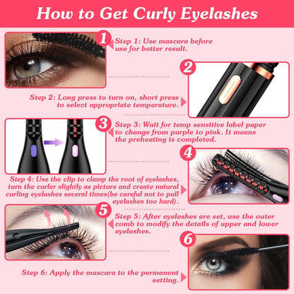 2 In 1 Clip Comb Heated Eyelash Curler Electric Mini Lash Curler Natural Eye Lash Makeup Tool with 3 Temp Settings 15Mins Shutdown