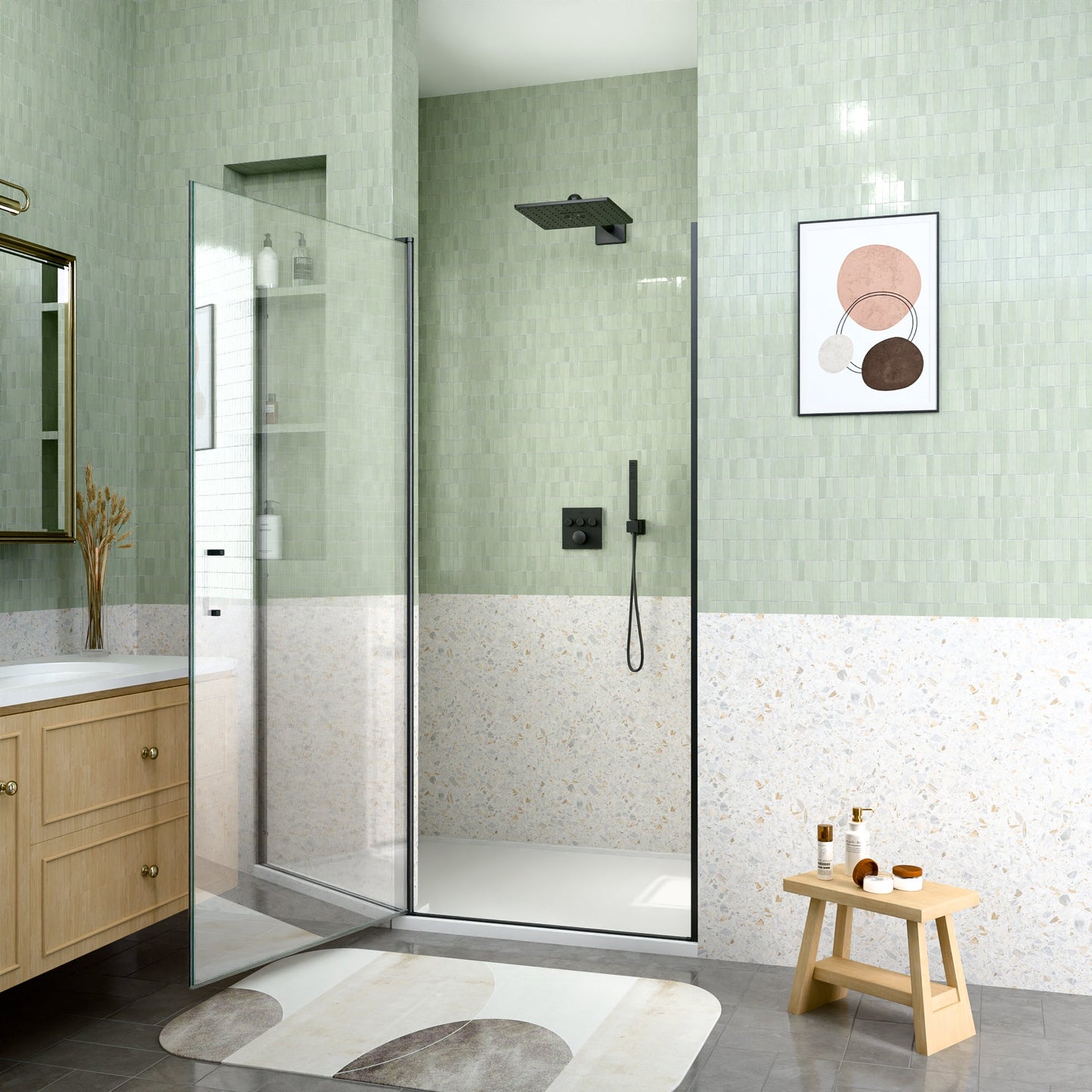 24" W x 72" H Semi-Frameless Circular Pivot Shower Door in Matte Black