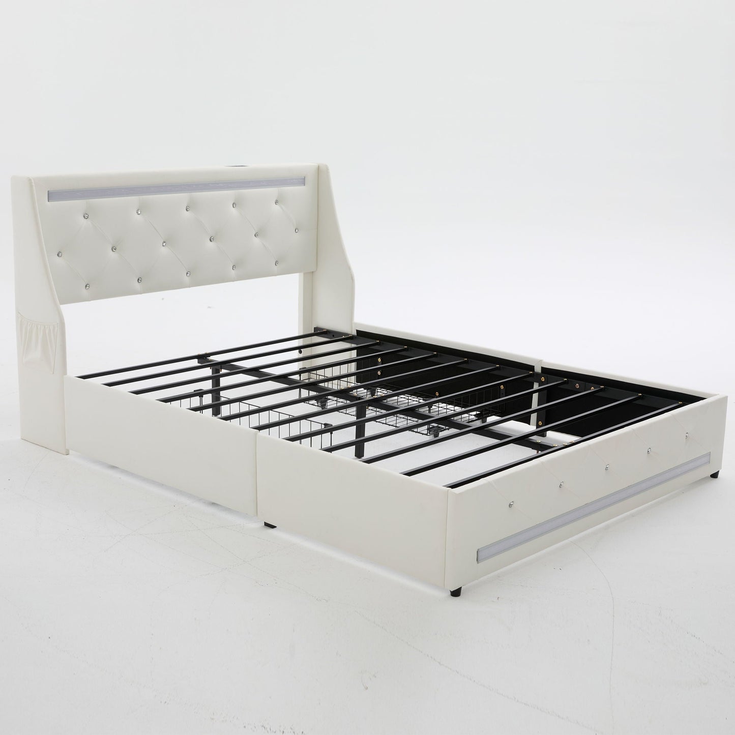 Wingback Upholstered Bed Frame With LED Lights, Charging Station
