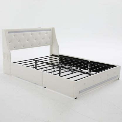 Wingback Upholstered Bed Frame With LED Lights, Charging Station