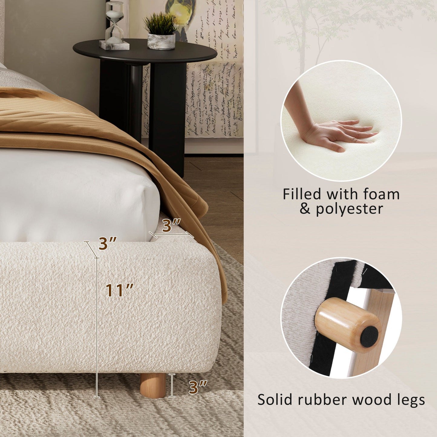 California King Size Upholstered Bed with Boucle Fabric and Curved Headboard