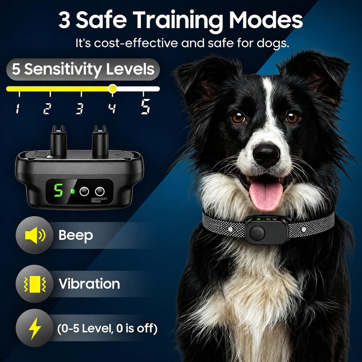 Dog Bark Collar, Automatic Bark Collar For Medium Large Dogs IP67 Waterproof Rechargeable Barking Collar With Beep Vibration & Shock, 5 Adjustable Sensitivity Levels