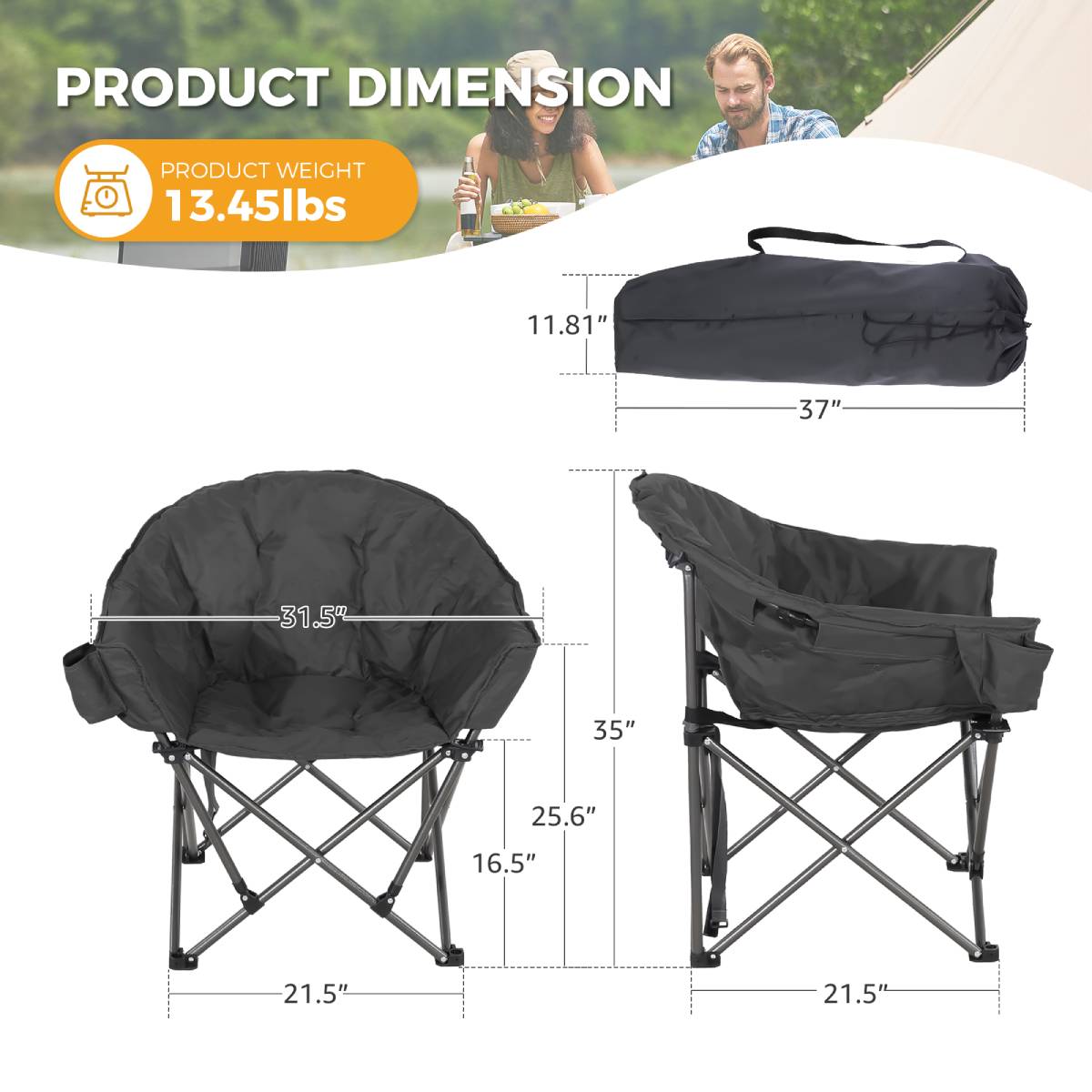 Oversized Camping Chair, Portable Folding Moon Chair with Side Pocket