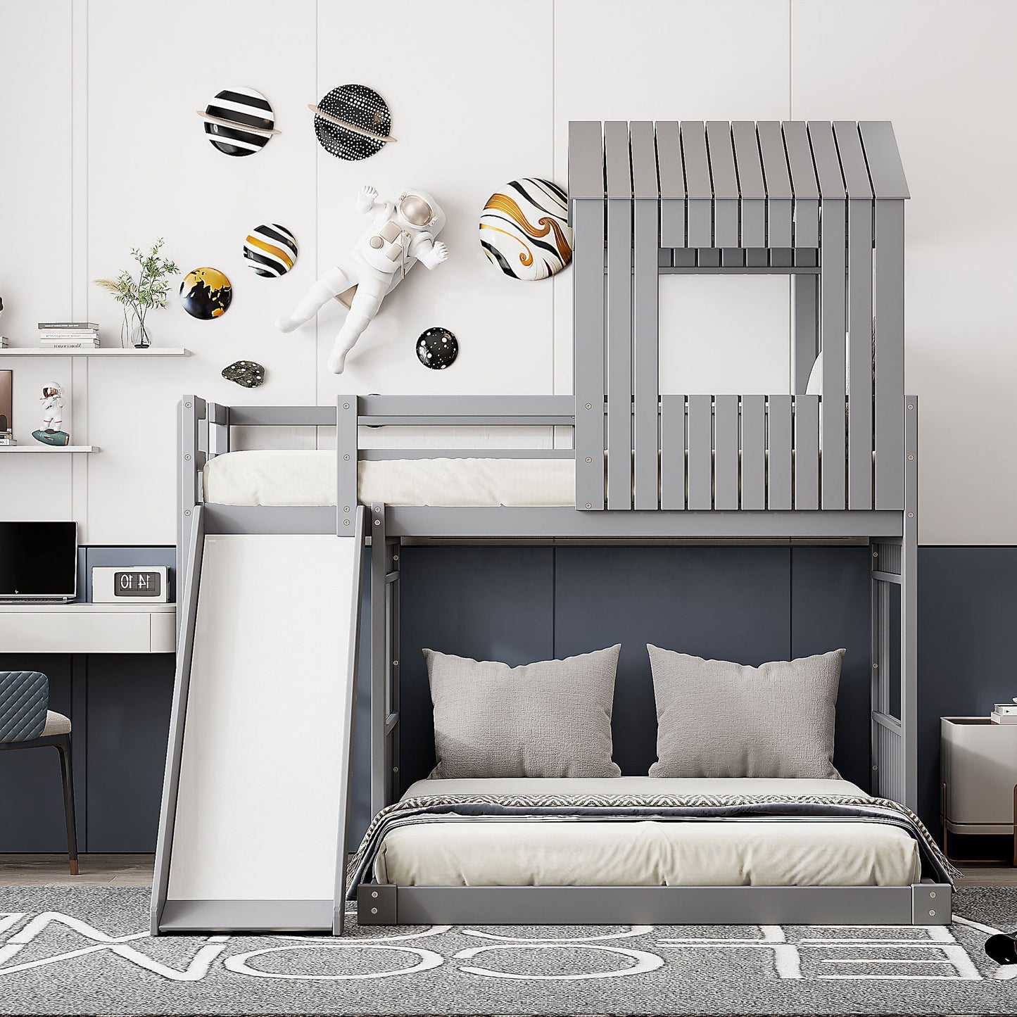 Loft Bunk Bed With Playhouse, Farmhouse, Ladder, Slide And Guardrails