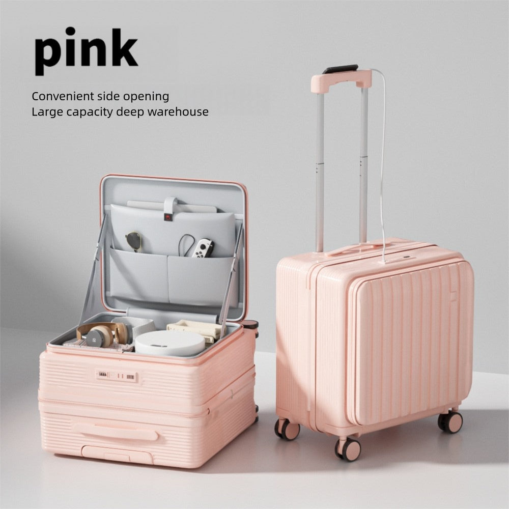 New 20 Inch Side Opening Small Luggage Compartment With Cup Holder, USB Port, Multifunctional Luggage, Boarding Password Box, Sturdy And Lightweight Travel Suitcase, Customizable Pattern