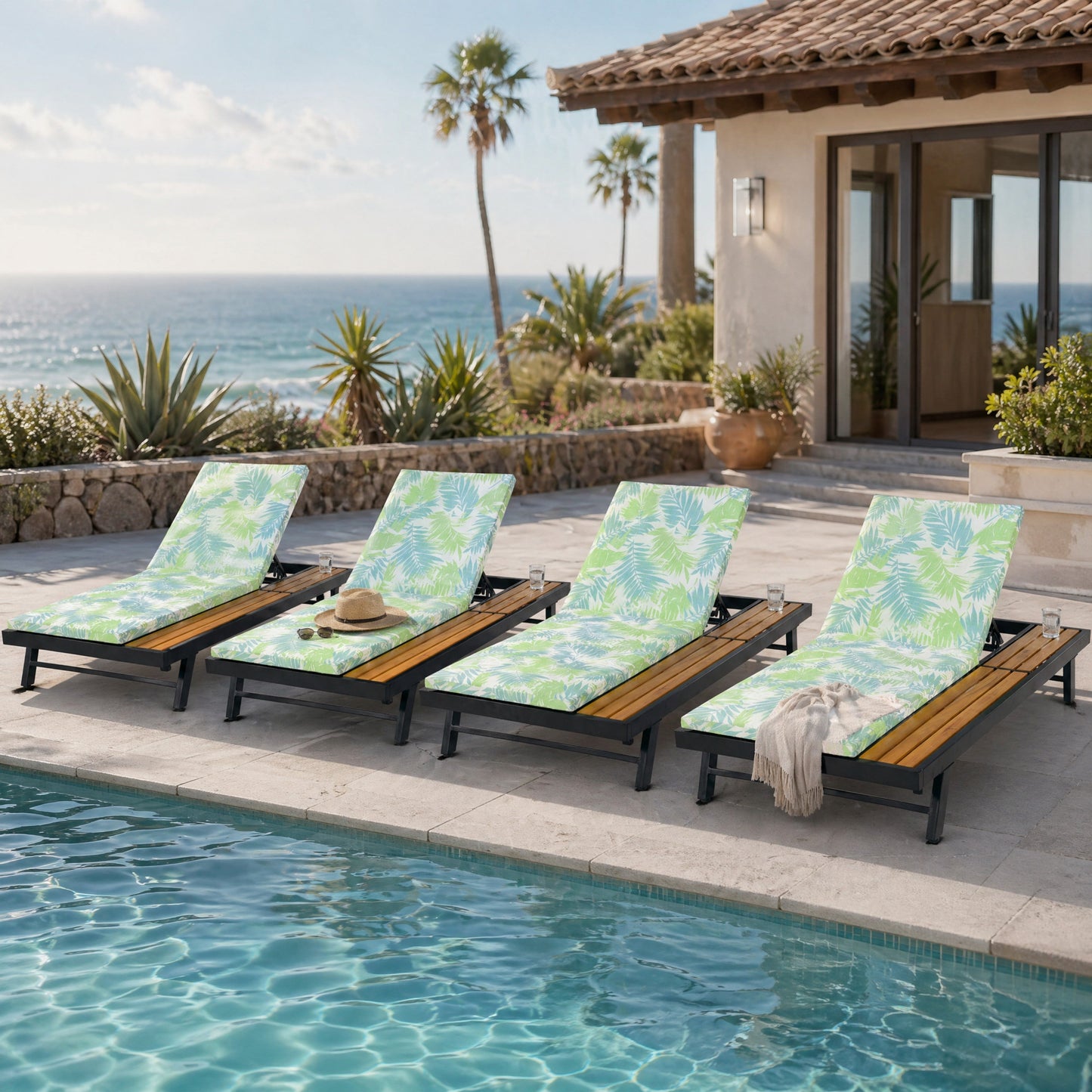 Black Iron + Teak Finish Outdoor Chaise Lounge Set with Leaf Coconut Cushion