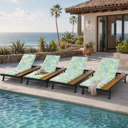 Black Iron + Teak Finish Outdoor Chaise Lounge Set with Leaf Coconut Cushion