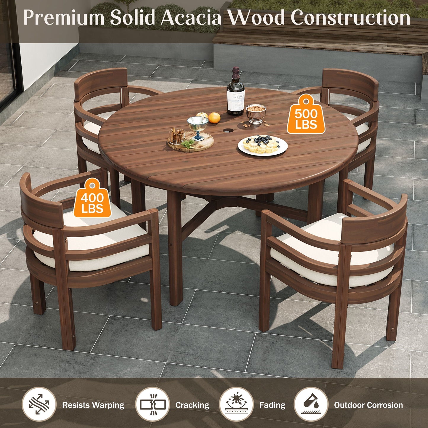 5 Piece Round Patio Table & Cushioned Armrest Chairs, Outdoor Dining Set With Umbrella Hole