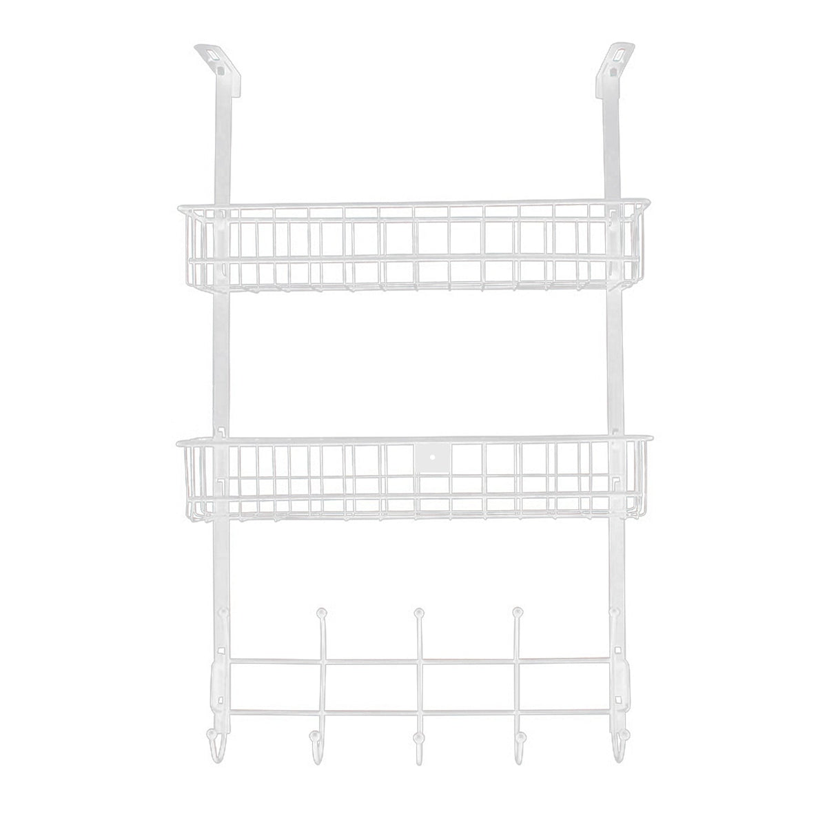 Over The Door Hooks Organizer Door Towel Rack Hanger 5 Hooks with 2 Metal Baskets for Bathroom Bedroom Kitchen Storage Shelf