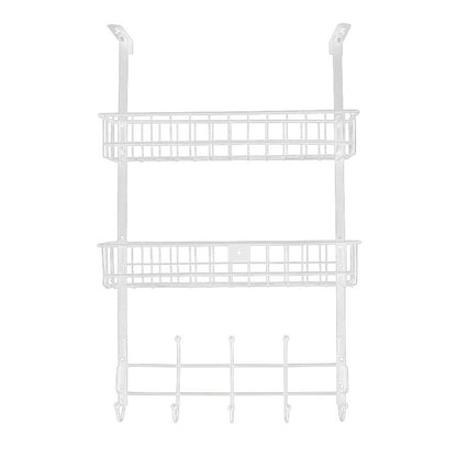 Over The Door Hooks Organizer Door Towel Rack Hanger 5 Hooks with 2 Metal Baskets for Bathroom Bedroom Kitchen Storage Shelf