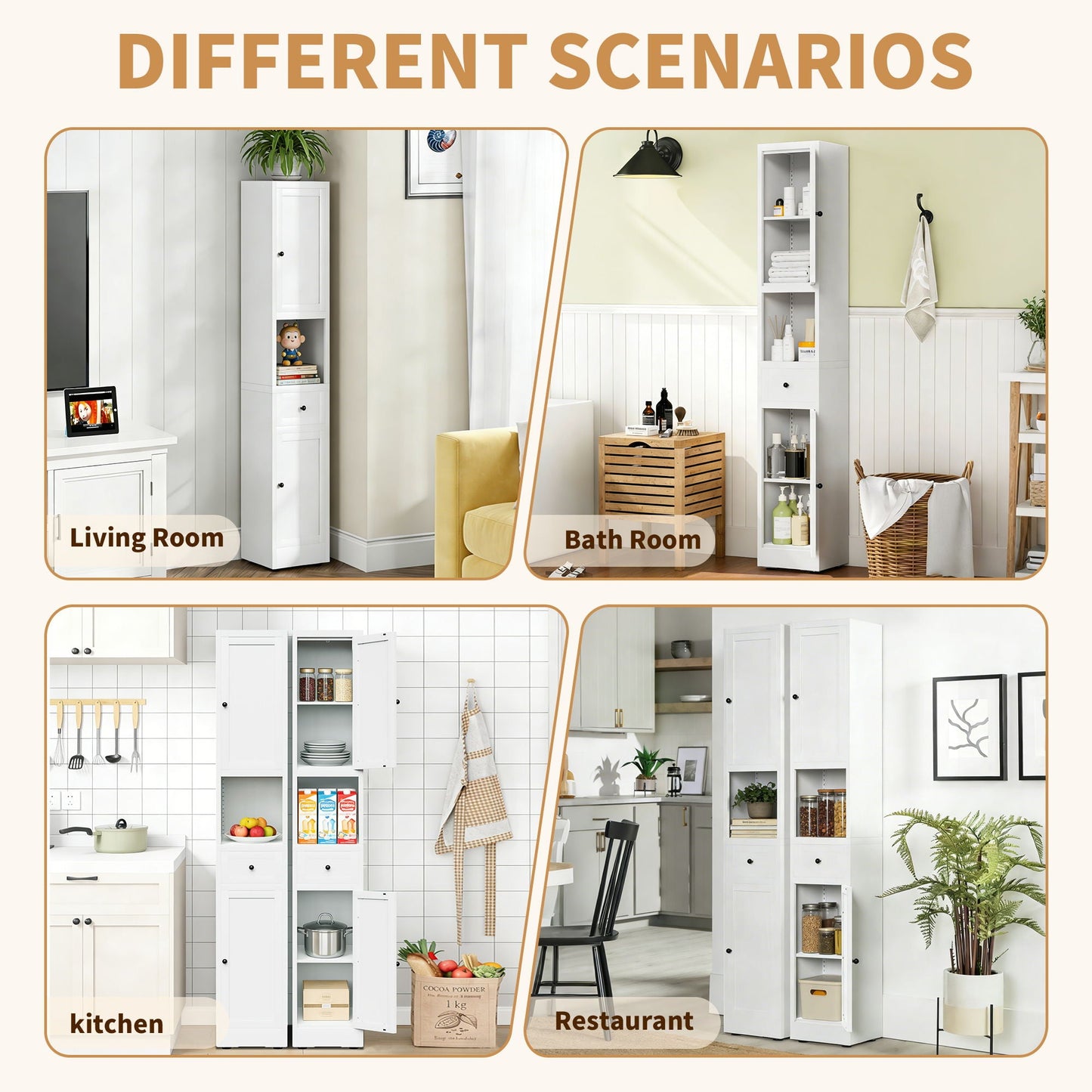 Tall Bathroom Storage Cabinet, 5-Tier Narrow With 2 Doors & Adjustable Shelves, Freestanding - White