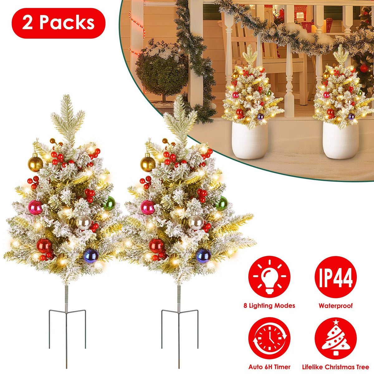 2Pcs Battery Powered Lighted Christmas Tree Urn Filler With Light Artificial Xmas Trees Light with Berries Balls LED Pathway Pine Tree IP44 Waterproof