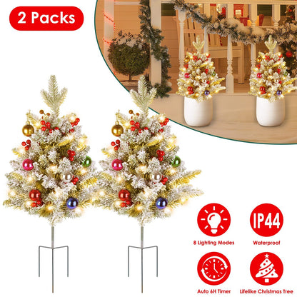 2Pcs Battery Powered Lighted Christmas Tree Urn Filler With Light Artificial Xmas Trees Light with Berries Balls LED Pathway Pine Tree IP44 Waterproof